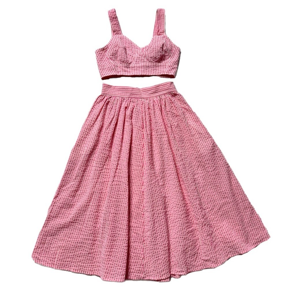 Caron Callahan Pink Seersucker Striped Vivian Bralette & Midi Skirt Set XS/S